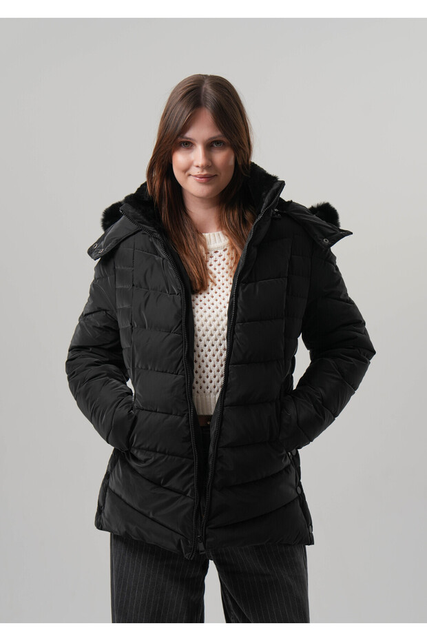 Women's Coat Detachable Hood Slit Detail Women's Puffer Coat & Jacket