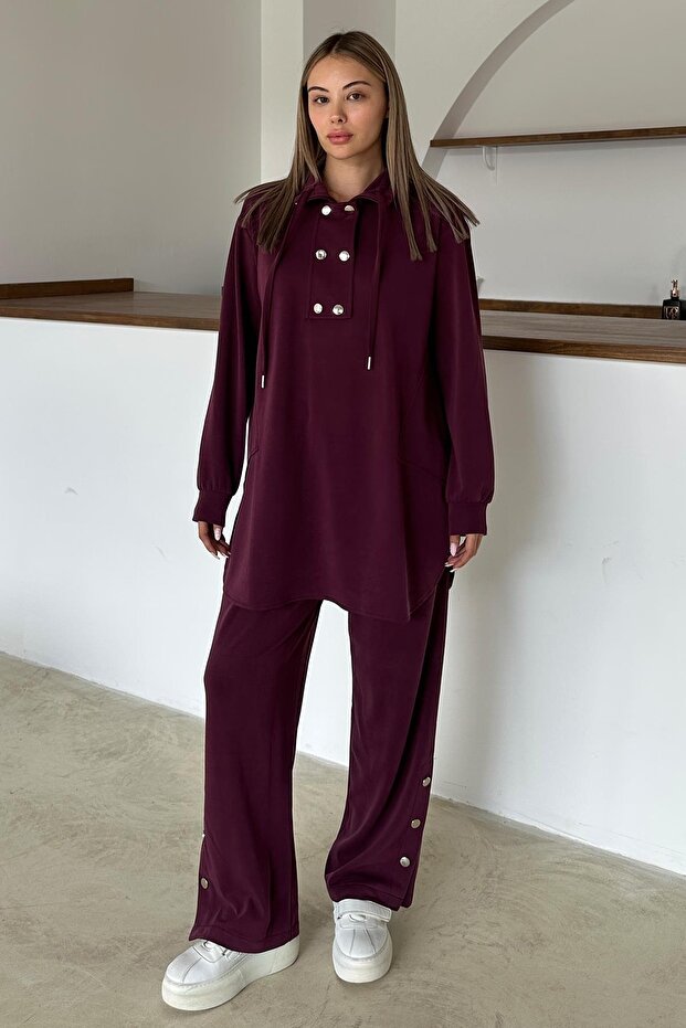 Premium Fabric Casual Sweat Pants Set with Metal Accessories Bordo 9372-Tk