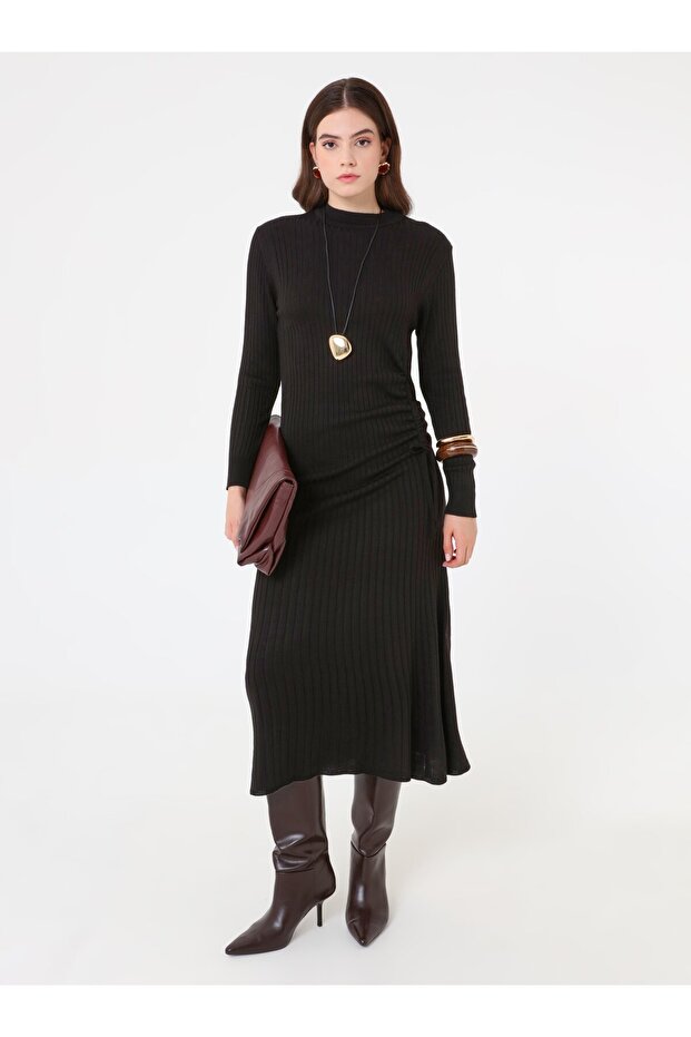 Knitted Hijab Dress with Side Gather Detail - Black -