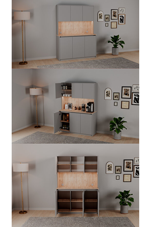 Modern Kahve Köşesi – 135 cm Çok Amaçlı dolap, Gömme LED Aydınlatmalı – MDF – İskandinav Gri – Çam - 5