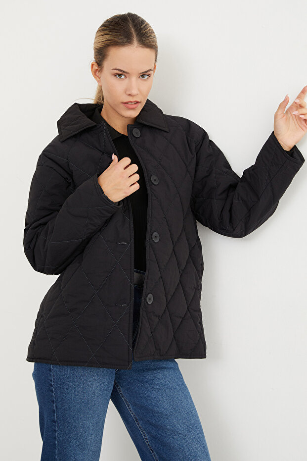 Quilted Patterned Oversize Buttoned Coat - 3