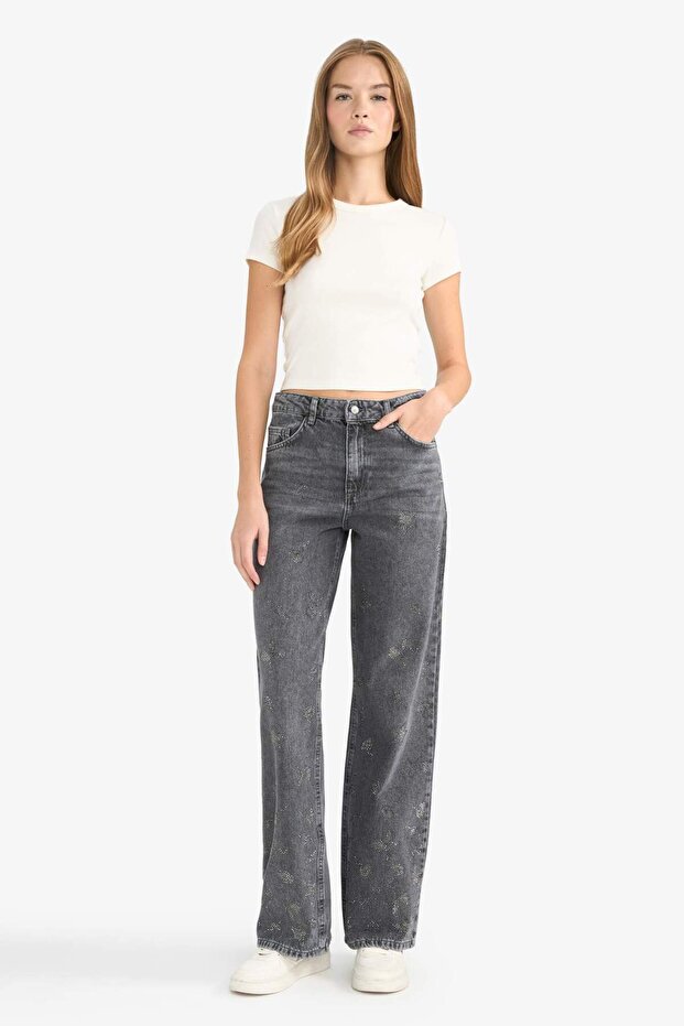Straight Wide Yüksek Bel Uzun Jean Yıkamalı Pantolon G0925AX25WN - 2