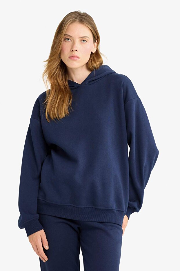 Relax Fit Kapüşonlu Basic Düz Kalın Sweatshirt D9935AX25WN - 3