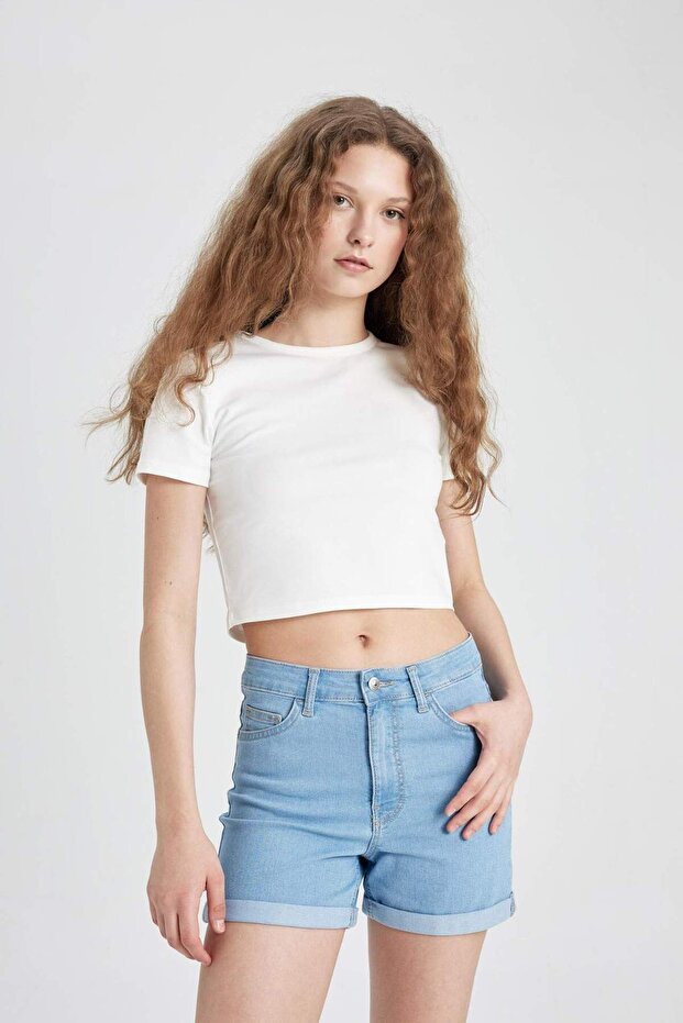 Normal Bel Katlamalı Paça Basic Düz Jean Şort A1959AX23SM - 3