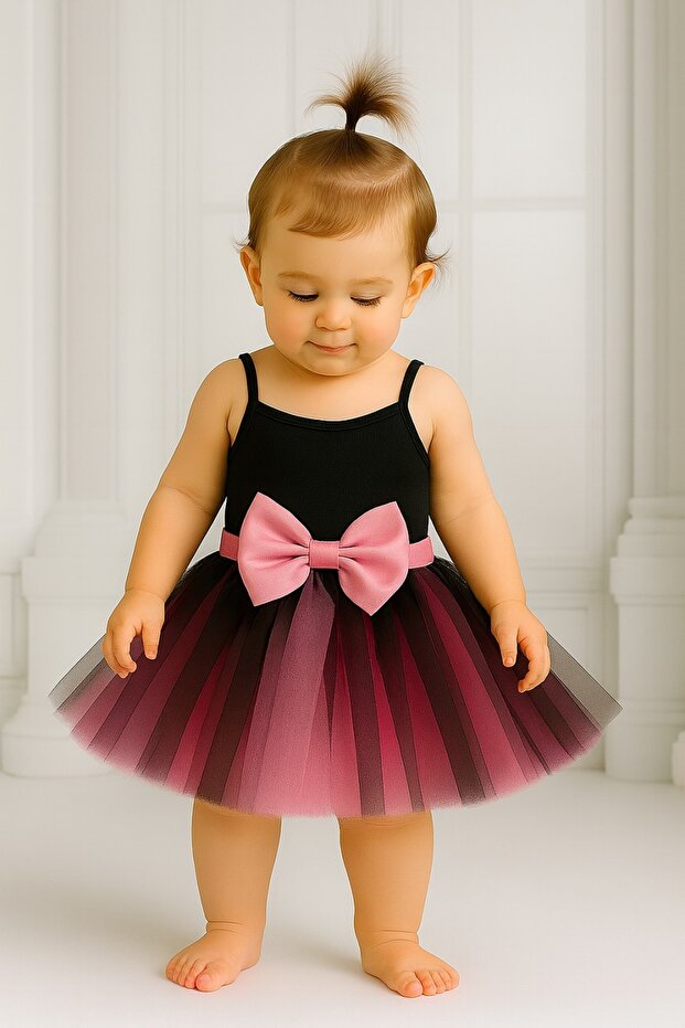 Baby Girl Lined Front Buckle Elastic Waist Top Layer Black Bottom Layer Pink Fluffy Tutu Skirt