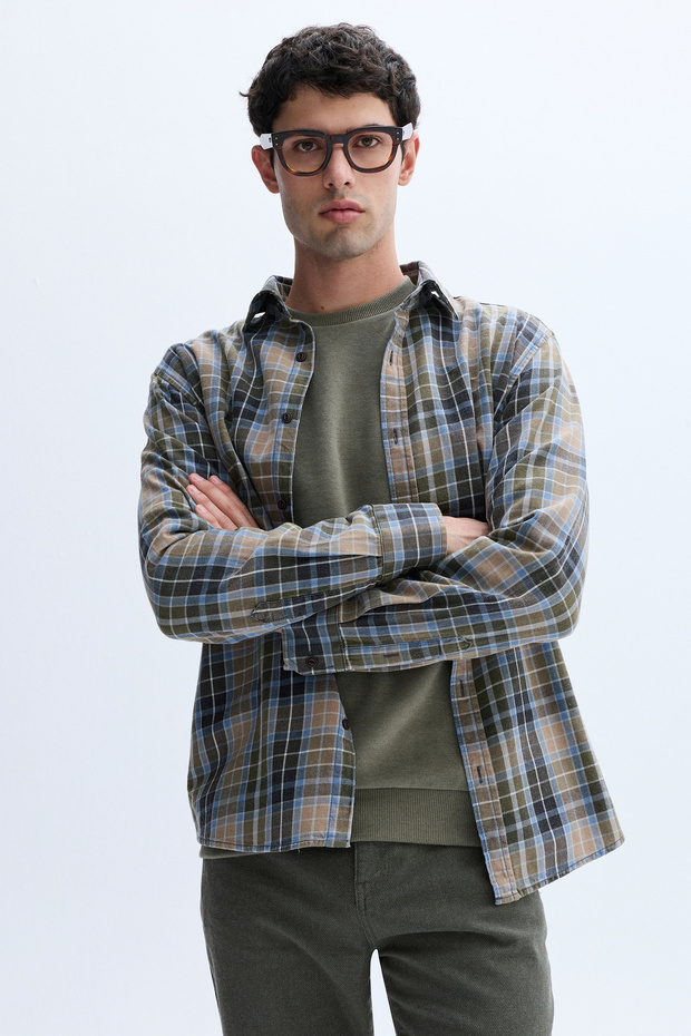 Men's Brown Plaid Regular Fit Long Sleeve Shirt