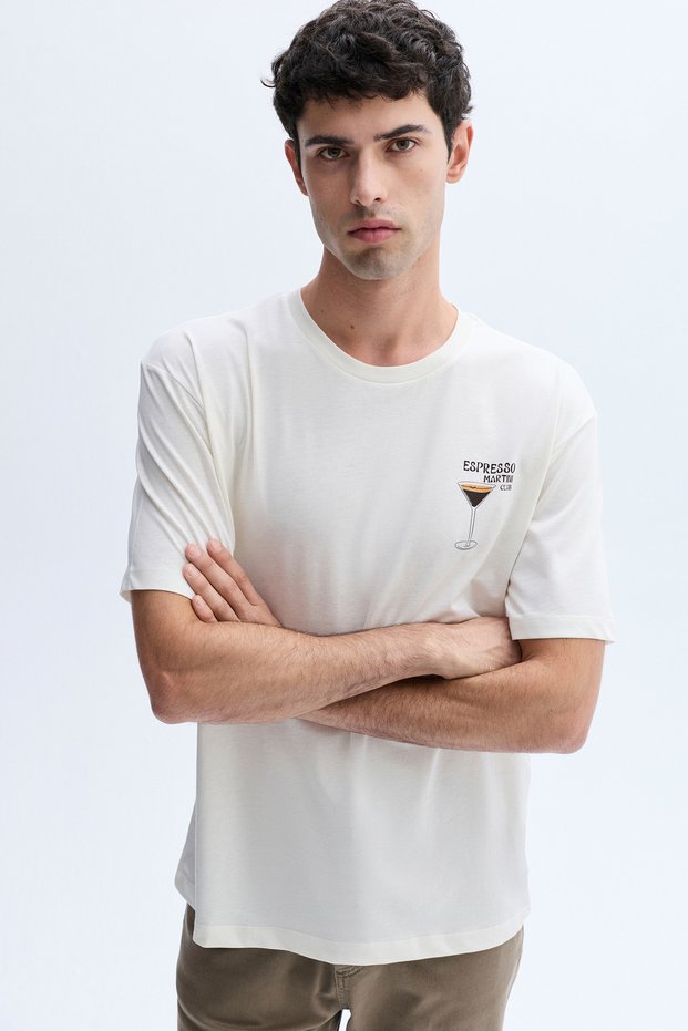 Men's Stone Color Comfort Fit Printed Crew Neck T-Shirt