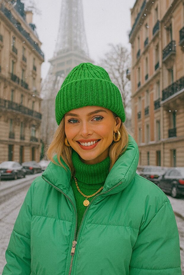 Green Woolen Ribbed Unisex Beanie