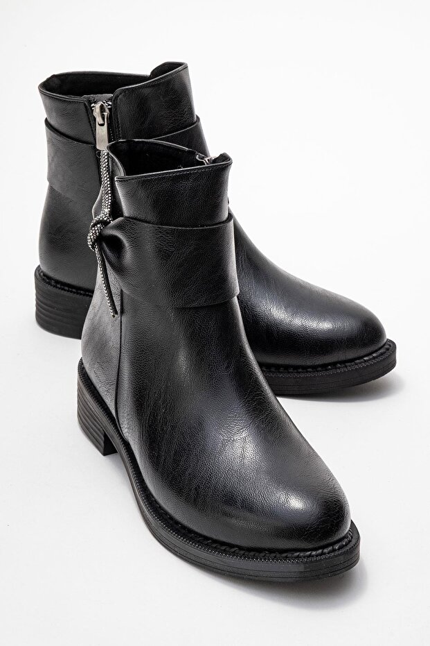 Yan Ribbon Stone Buckle Boots Black Leather