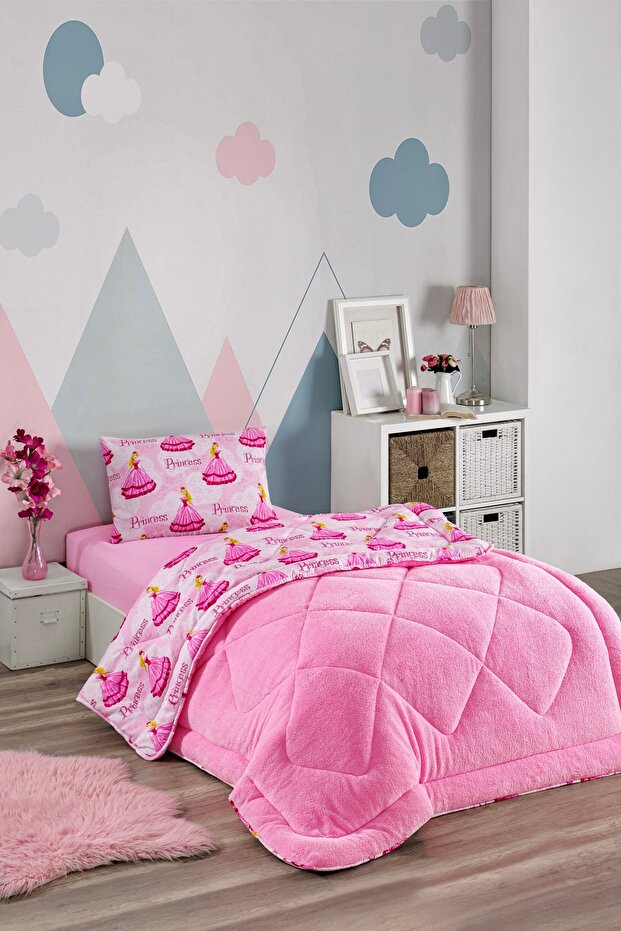 Princess Patterned Double-Sided Wellsoft Sleeping Set with Single Sheets(Quilt+Sheet+Pillowcase)