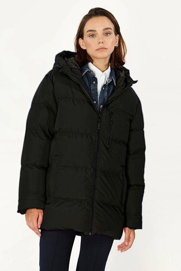 Women's Black Lined Hooded Windproof Puffer Winter Jacket