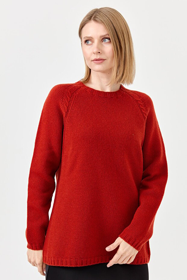 Women's Crew Neck Shoulder Hair Braided Wool Sweater Dark Brick