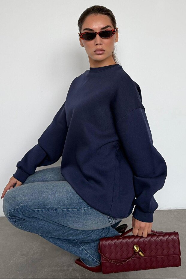 Lacivert Bisiklet Yaka Basic Sweatshirt MG1559 - 7