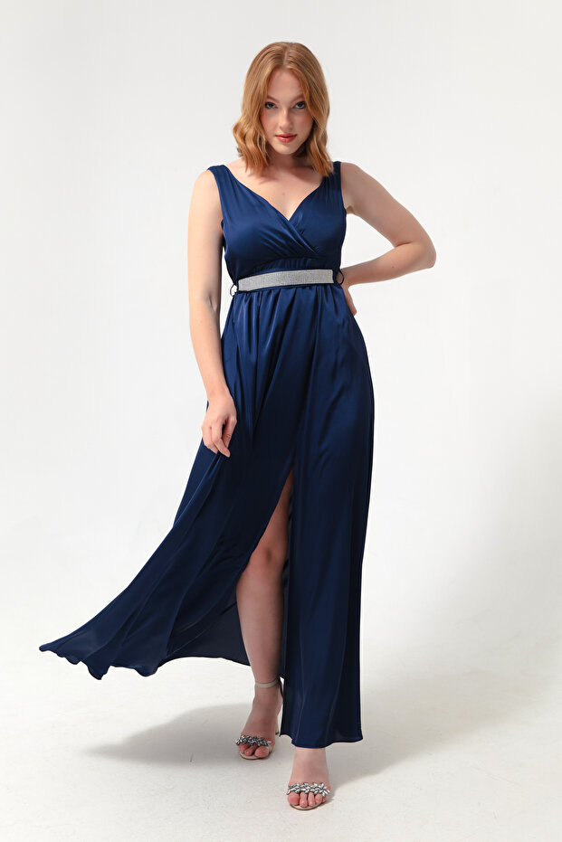 Women's Navy Blue Double Breasted Collar Stone Belted Long Evening Dress