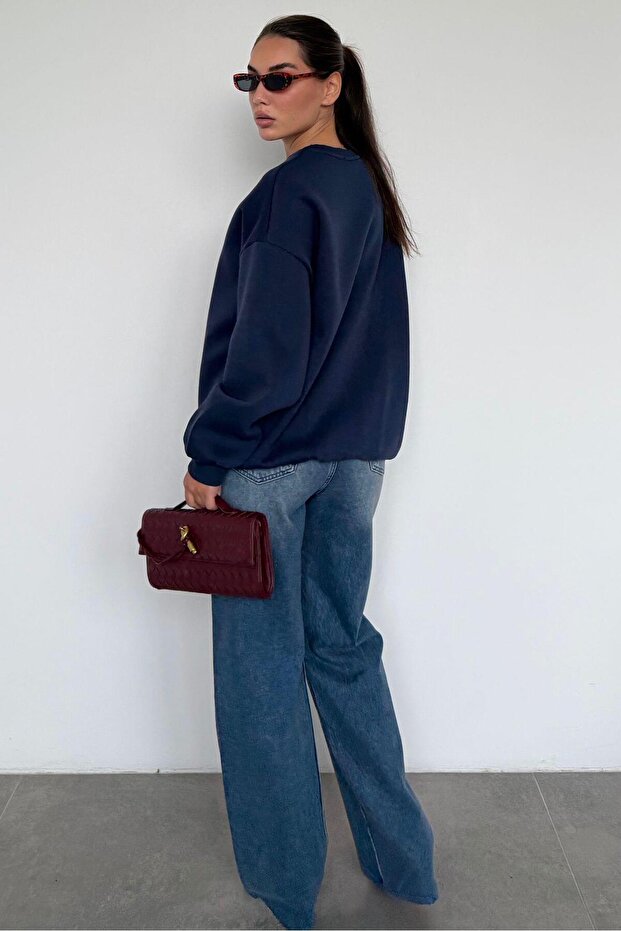 Lacivert Bisiklet Yaka Basic Sweatshirt MG1559 - 3