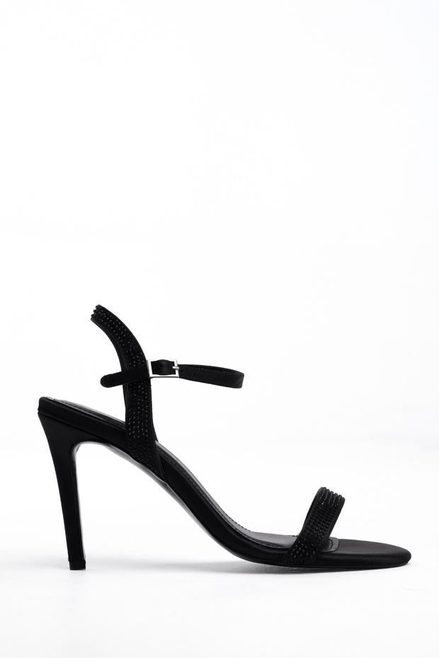 Night Glow Series – Thin Strap, Ankle Buckle, Stone Embroidered Black Heeled Stiletto Shoes