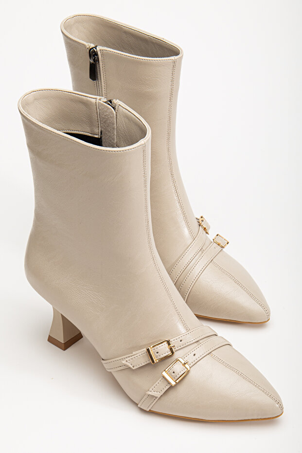 Women's Beige Cream Buckle Pointed Toe Thin Heel Boots