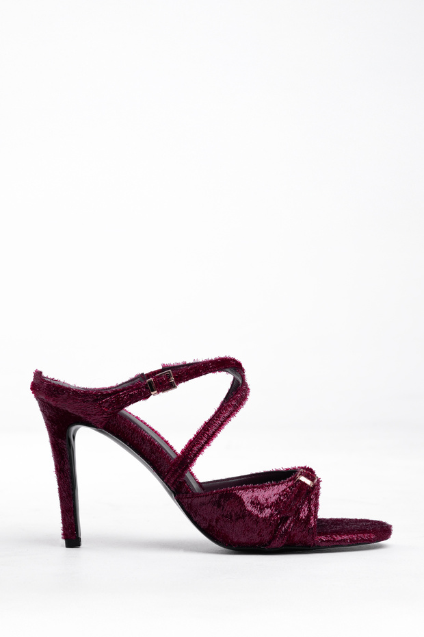 Velvet Noir Series – Cross-Strap, Velvety Shiny Textured, Thin Heeled Black Evening Shoes