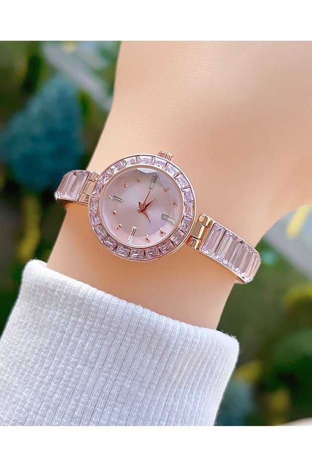 Rose Gold Color Pink Zircon Stone Women Wrist Watch