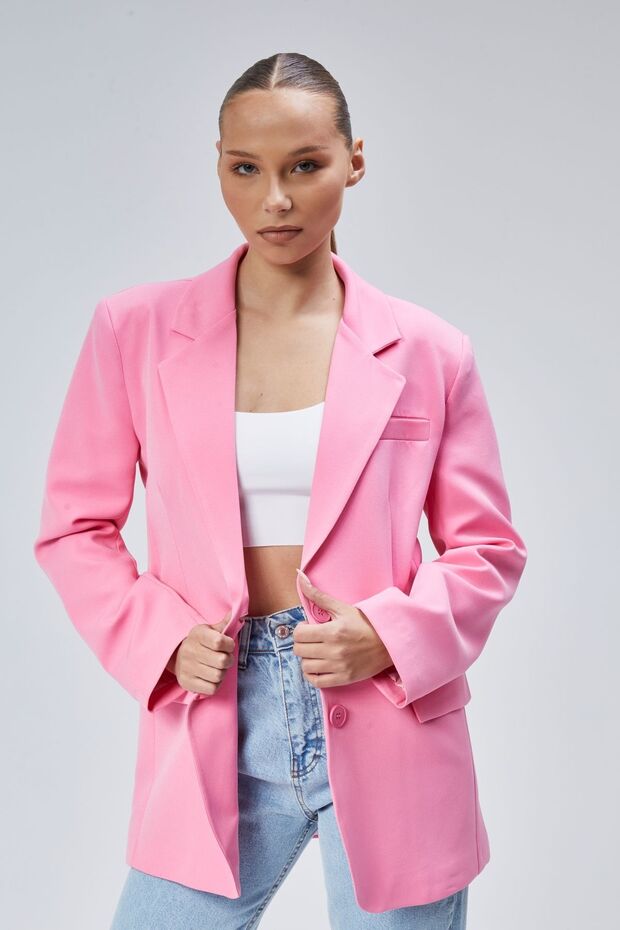 Pink Women's Buttoned Oversize Blazer Jacket