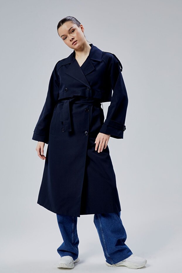 Navy Blue Double-Breasted Closure Windbreaker Detailed Trench Coat 44956