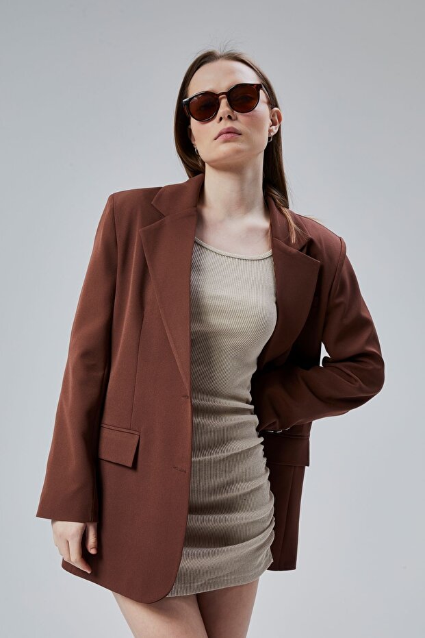 Women's Oversize Straight Cut Lined Woven Blazer Jacket