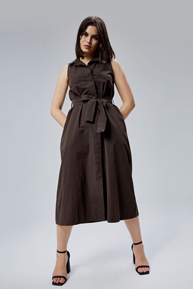 Brown Regular Fit Girdle Belted Dress