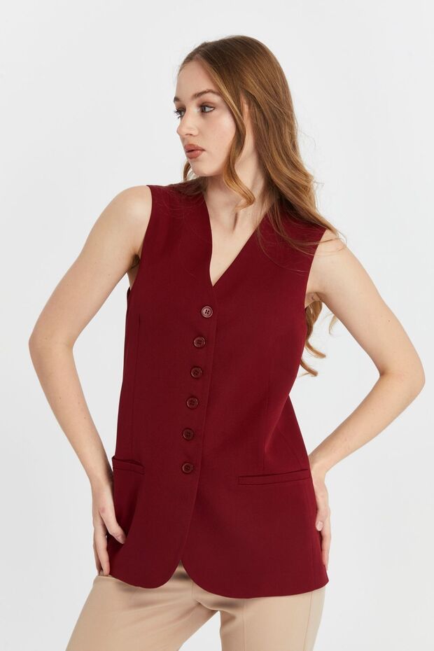 Burgundy Women's Buttoned Regular Lined Woven Vest