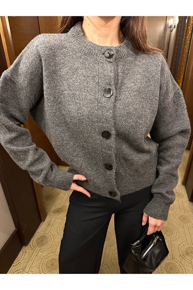 Basic Düğmeli Antrasit Triko Hırka - 1