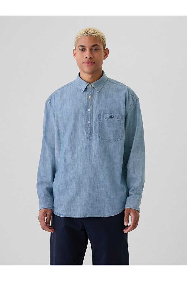 Erkek Mavi Gap Logo Pullover Chambray Gömlek - 1