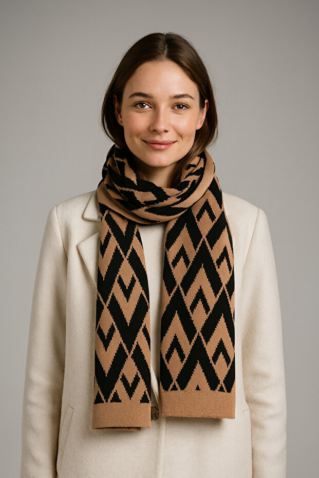 Eșarfă tricotată cu model în V - 1