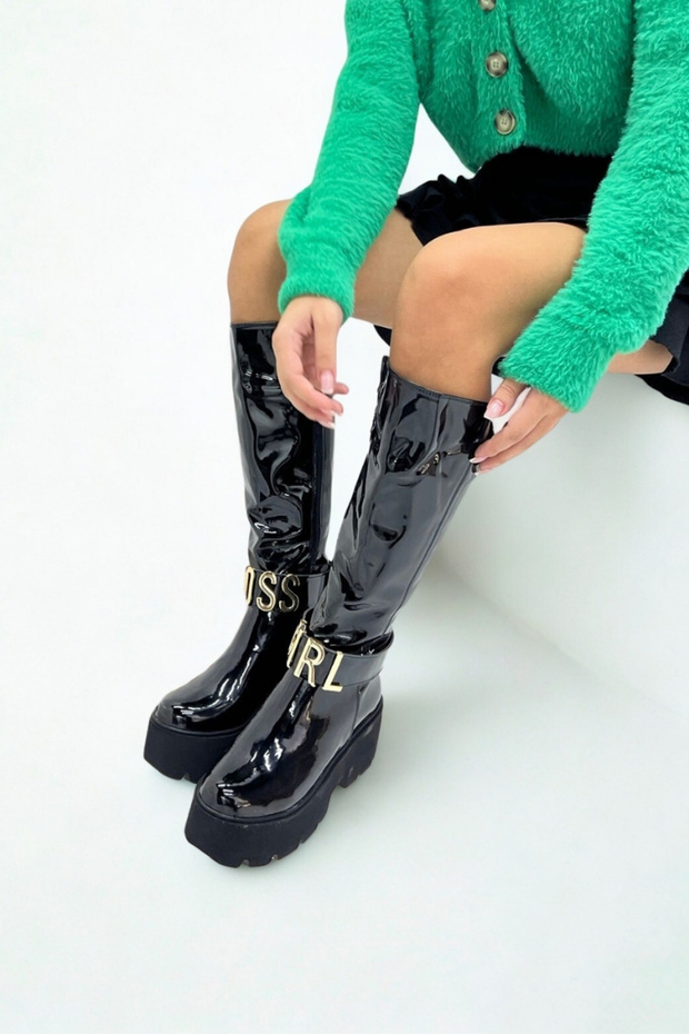 Black Patent Leather Thick Sole Buckle Women's Boots P1321