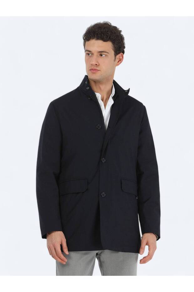 Lacivert Regular Fit Casual Dokuma Pardesü - 1