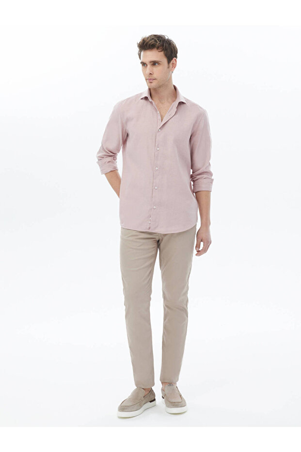 Pembe Düz Regular Fit Dokuma Casual Pamuk Karışımlı Gömlek - 5