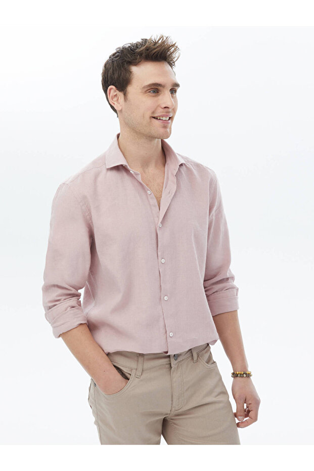 Pembe Düz Regular Fit Dokuma Casual Pamuk Karışımlı Gömlek - 4