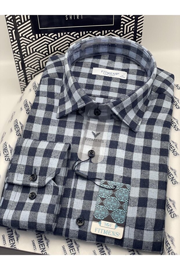Classic Long Sleeve Winter 100% Cotton Checked Collar Buttoned Bottom Men's Shirt with Gift Box Fs-001988