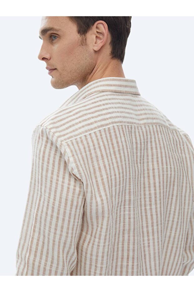 Kiremit Çizgili Regular Fit Dokuma Casual Pamuk Karışımlı Gömlek - 8