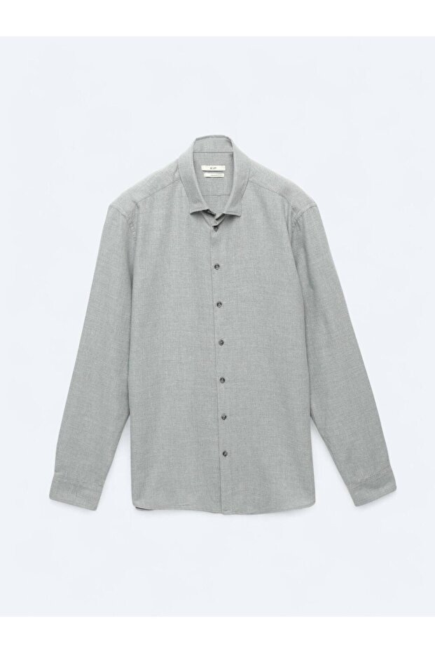 Gri Düz Regular Fit Dokuma Casual Pamuk Karışımlı Gömlek - 7