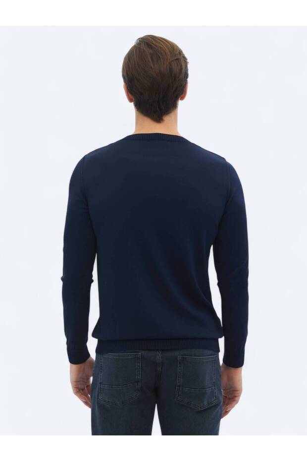 Lacivert Bisiklet Yaka Düz Örgü Triko Kazak - 5