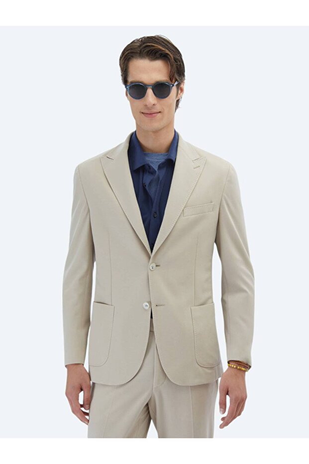 Bej Düz Modern Fit %100 Pamuk Örme Takım Elbise - 1