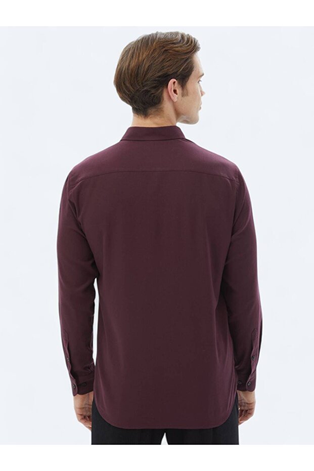 Mürdüm Düz Regular Fit Dokuma Casual Pamuk Karışımlı Gömlek - 6