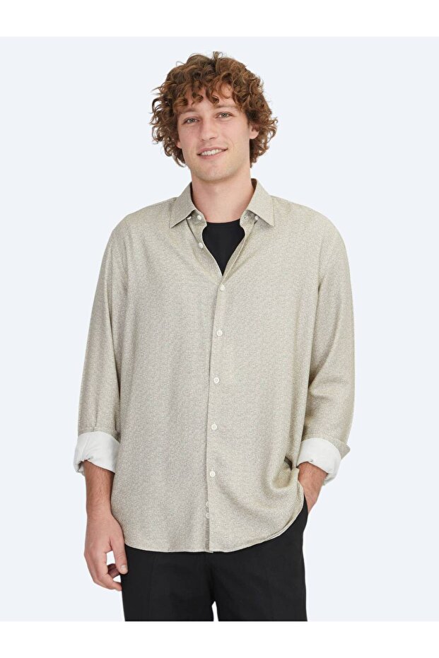 Bej Regular Fit Dokuma Casual %100 Pamuk Gömlek - 1