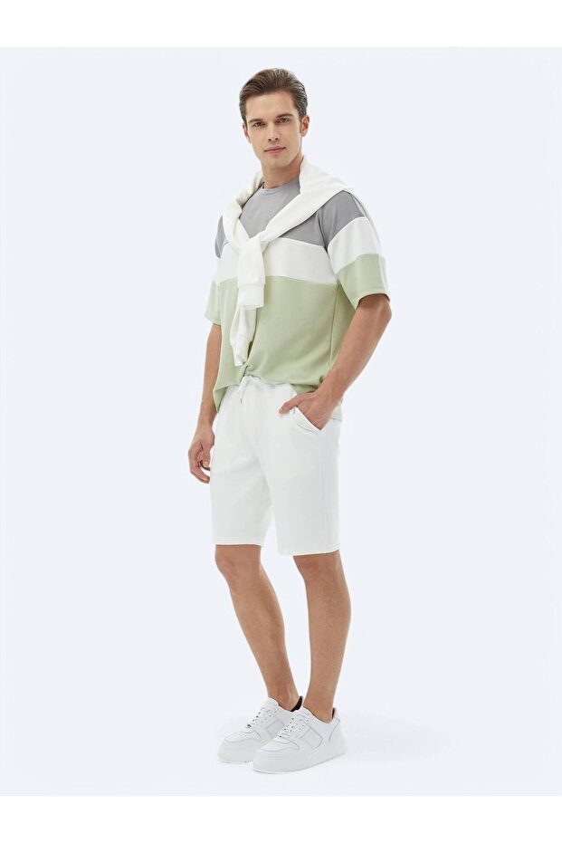 Ekru Düz Örme Jogging Fit Casual Bermuda - 3