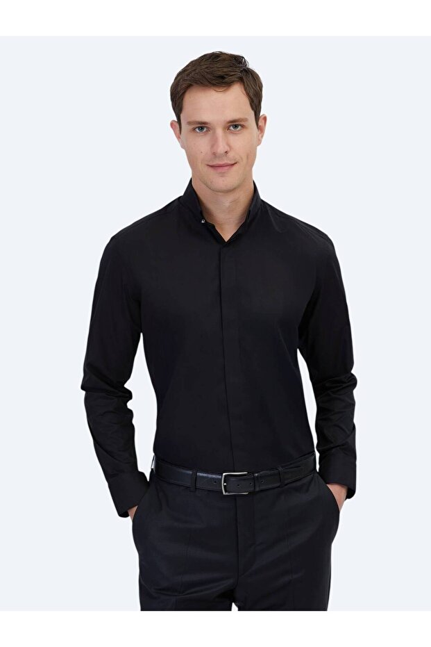 Siyah Regular Fit Dokuma Klasik %100 Pamuk Gömlek - 1