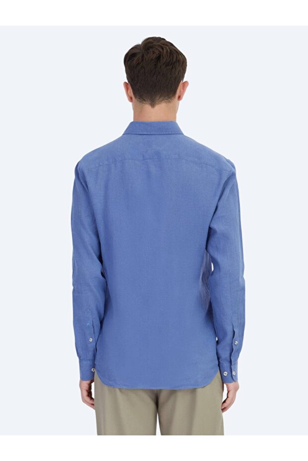 Havacı Mavi Düz Regular Fit Dokuma Casual Pamuk Karışımlı Gömlek - 6
