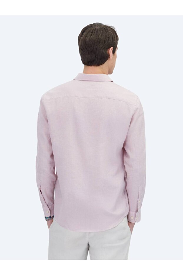 Pembe Düz Regular Fit Dokuma Casual Pamuk Karışımlı Gömlek - 4