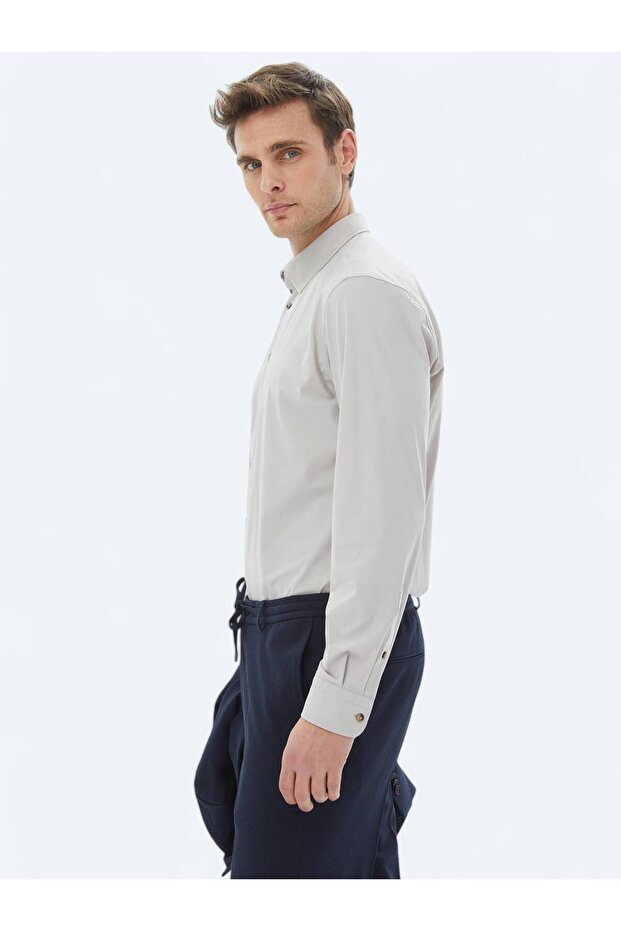Ekru Düz Regular Fit Casual Gömlek - 5