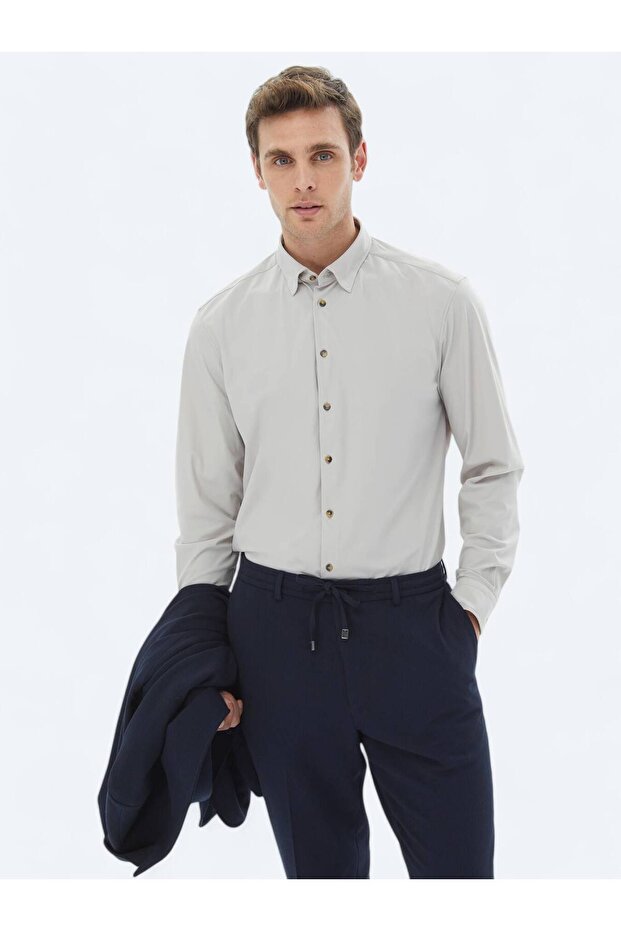 Ekru Düz Regular Fit Casual Gömlek - 1