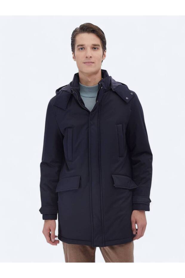 Lacivert Regular Fit Kapüşonlu Casual Dokuma Kaban - 1