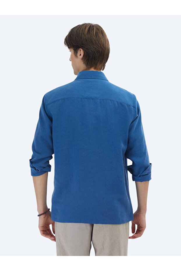 İndigo Regular Fit Dokuma Overshırt - 7